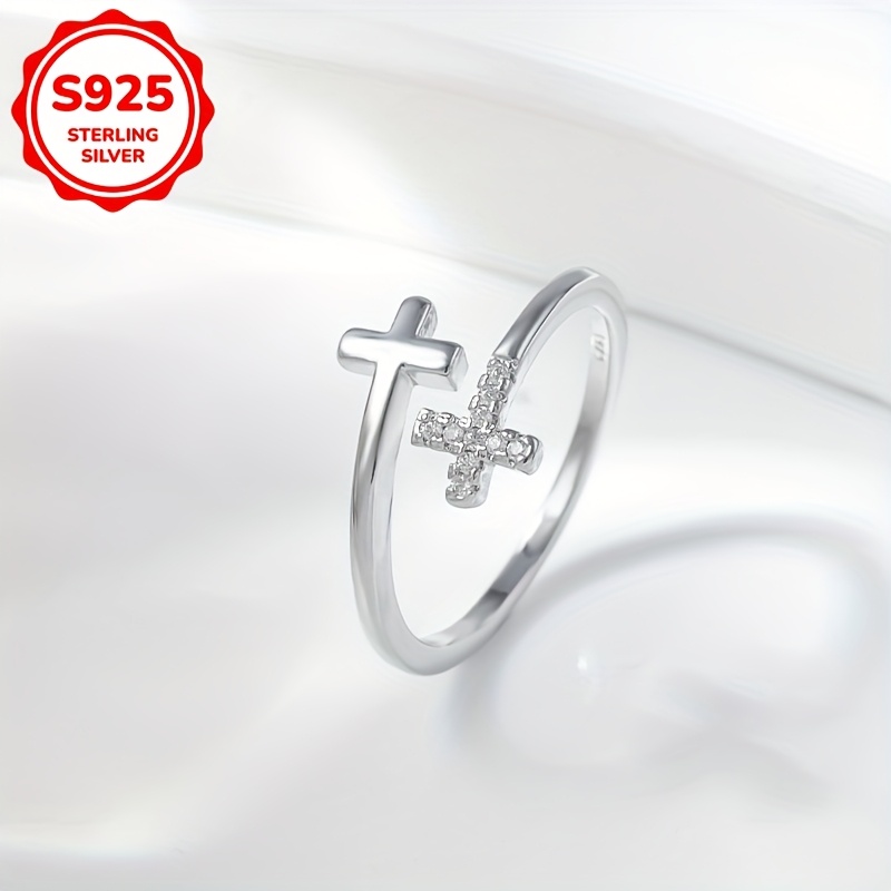 Silver Double Cross Zirconia Women's Adjustable Ring